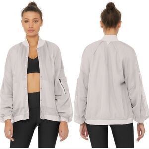 ALO Yoga Mesh Bomber Field Jacket SZ XS Gray Field Full Zip Oversized Boyfriend